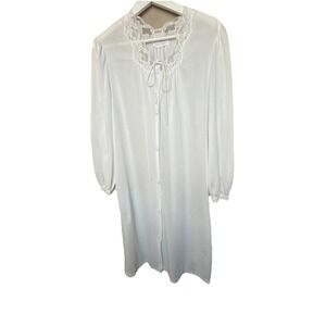 Miss‎ Elaine Lace Trim Nightgown Women's Medium White Long Sleeve Button Front